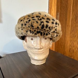 Vintage Leopard Print Pillbox Faux Fur Hat